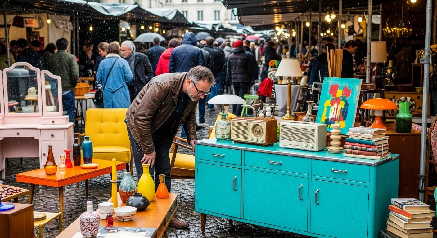 Au marché aux puces de Saint-Ouen, une foule déambule entre les stands sous une pluie fine ; au premier plan, un chineur examine attentivement un buffet turquoise en formica entouré de meubles colorés et d’objets vintage.