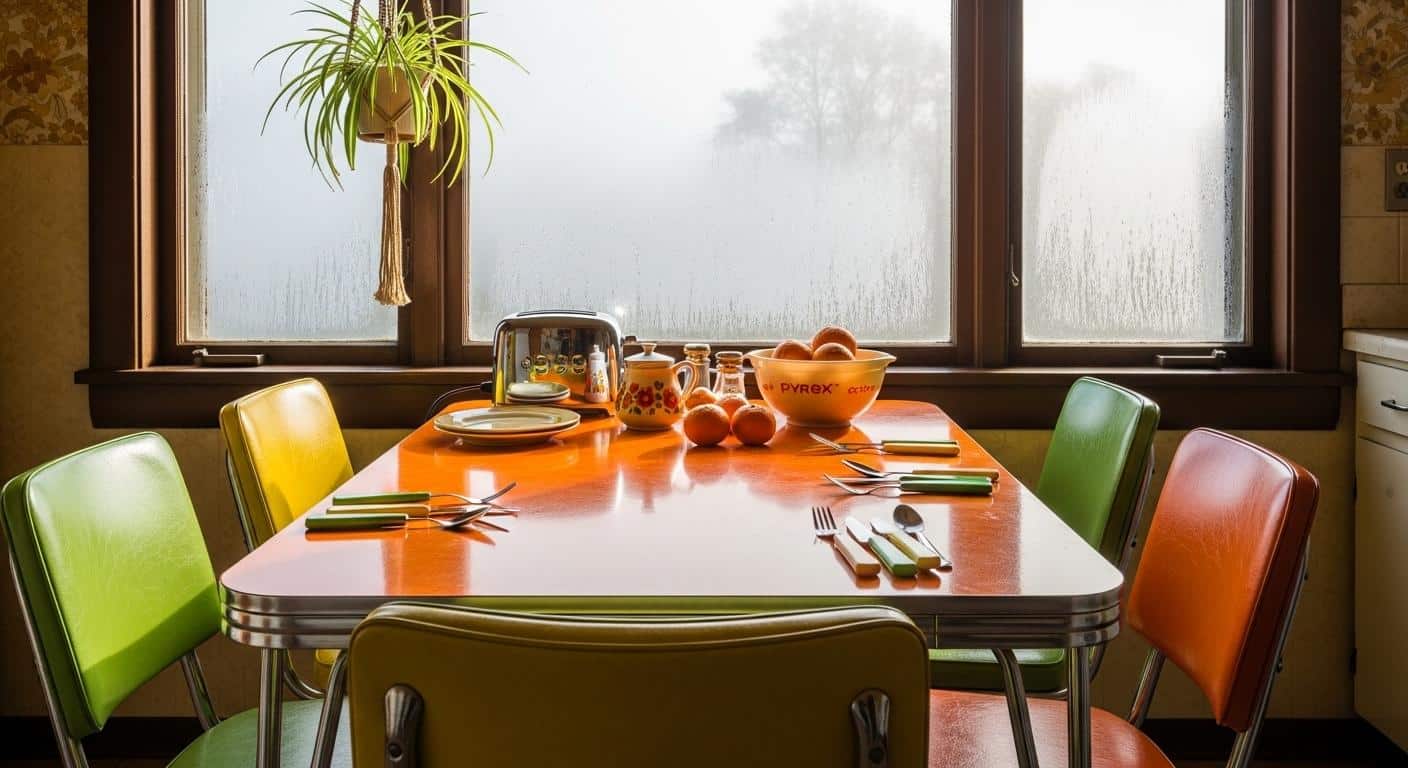 Dans une cuisine typique des années 1970, une table orange en formica est placée devant une fenêtre embuée, la lumière du matin se reflète sur la surface brillante, entourée de chaises colorées et d’ustensiles rétro.