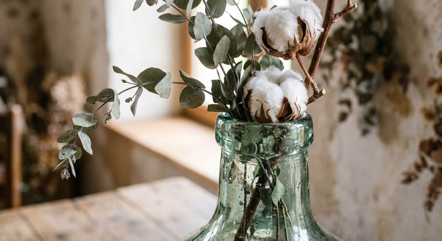 Gros plan sur le goulot d'une dame jeanne en verre transparent teinté. De délicates tiges d'eucalyptus séché et de fleurs de coton s'en échappent
