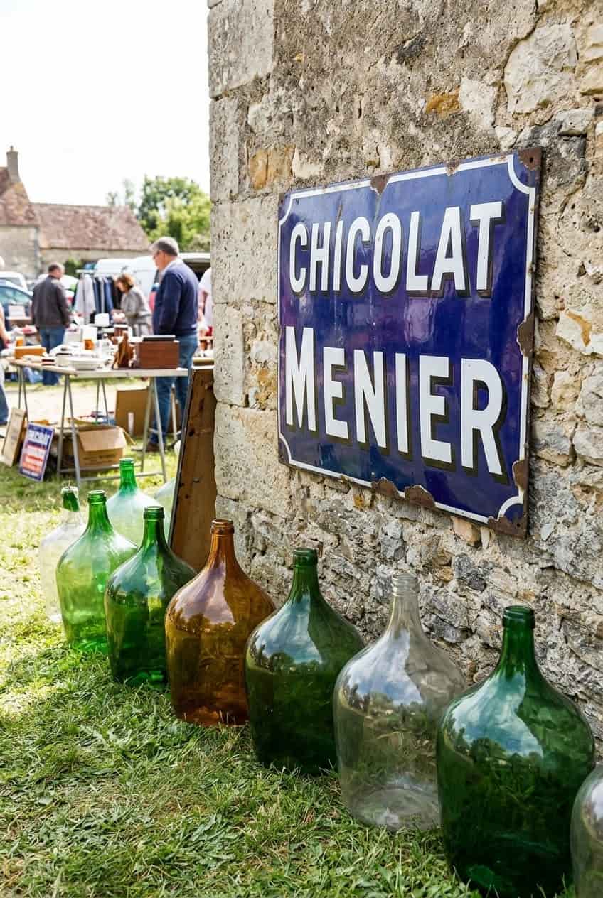 Un alignement de plusieurs dames-jeannes en verre de différentes tailles et couleurs (vert bouteille, ambre, transparent) posées sur l'herbe d'un vide-grenier.