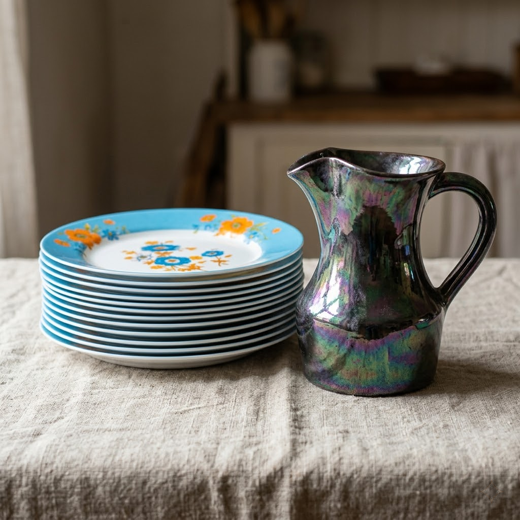 Une pile d'assiettes Arcopal aux motifs floraux colorés (bleu, orange) empilées sur une nappe en lin ancienne. À côté, un pichet en céramique de Vallauris aux reflets irisés