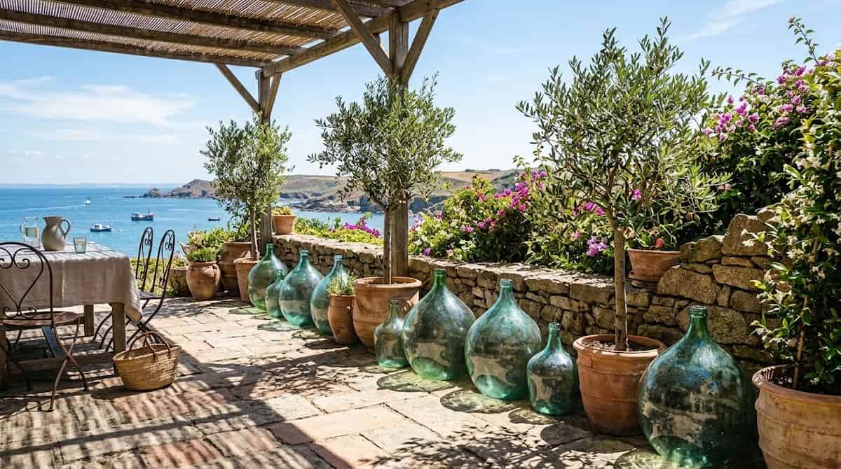 Une terrasse d'été ensoleillée. Plusieurs grandes dames jeannes en verre épais sont disposées le long d'un mur en pierre sèche, à côté de pots en terre cuite contenant des oliviers