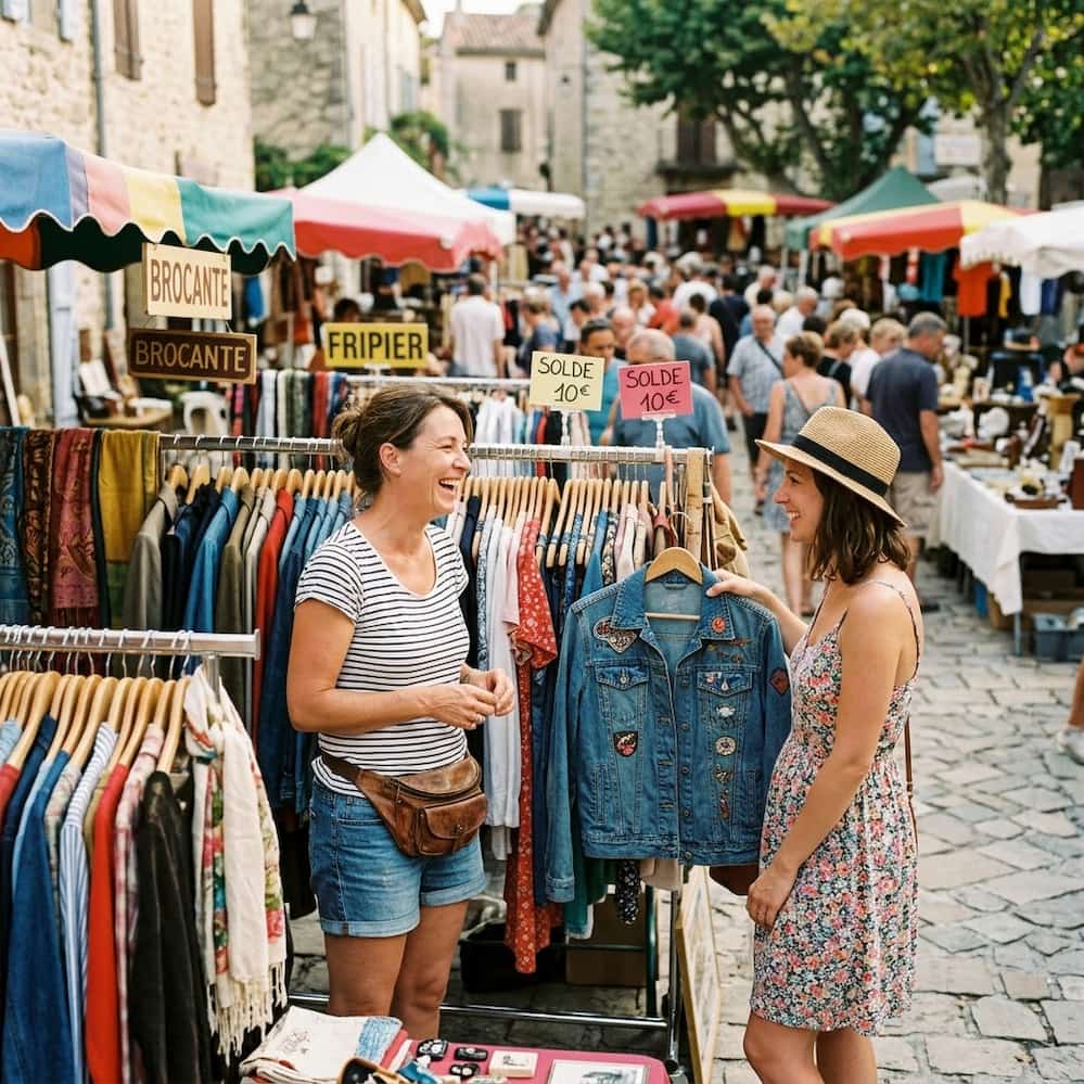 Une vendeuse souriante, portant une sacoche banane pour la monnaie, discute joyeusement avec une cliente qui examine une veste en jean