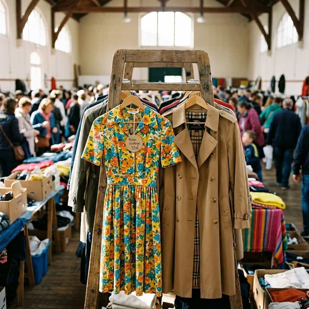 une belle robe vintage colorée et un manteau de marque en excellent état, mis en valeur sur des cintres en bois
