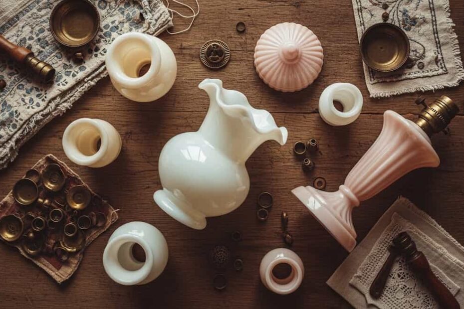 Collection de pièces en verre opaline sur une table en bois, incluant vases et lampes.