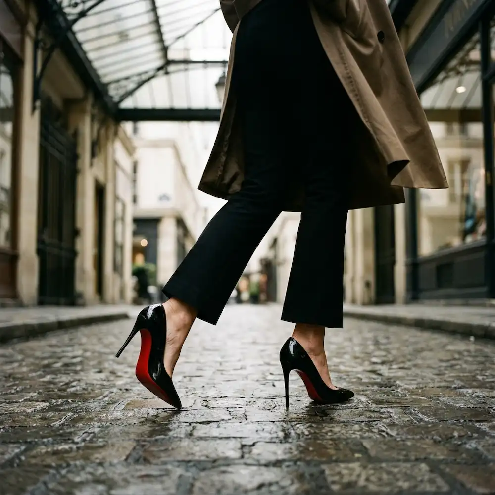 Vue rapprochée d'une femme marchant en ville révélant le contraste saisissant de sa semelle rouge sous un escarpin noir.