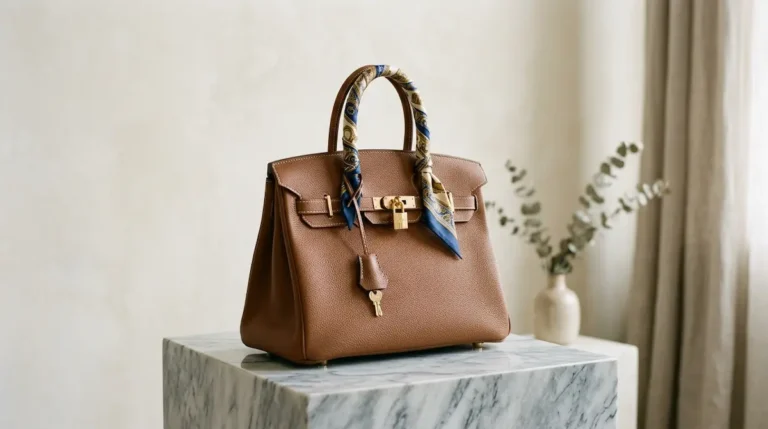 Sac Birkin emblématique d'Hermès en cuir grainé avec finitions métalliques élégantes posé dans un studio de luxe