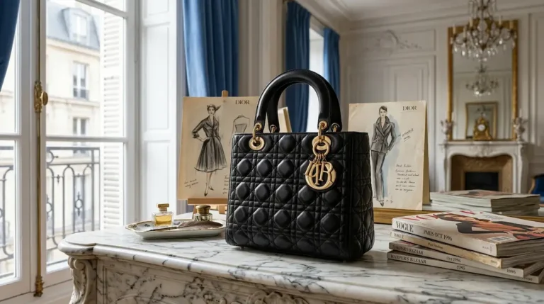 Sac à main emblématique Lady Dior en cuir matelassé cannage noir avec charms dorés posé dans un salon parisien élégant.