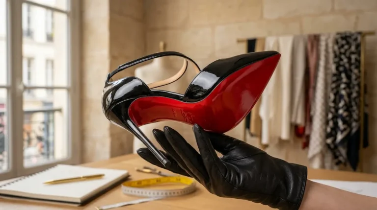 Gros plan sur un escarpin de luxe révélant une semelle laquée rouge vif dans un atelier de création parisien.