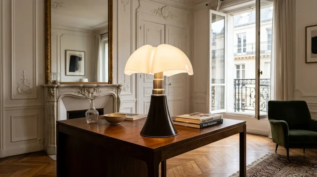 Lampe Pipistrello iconique de Gae Aulenti allumée sur une console en bois dans un intérieur parisien haussmannien élégant