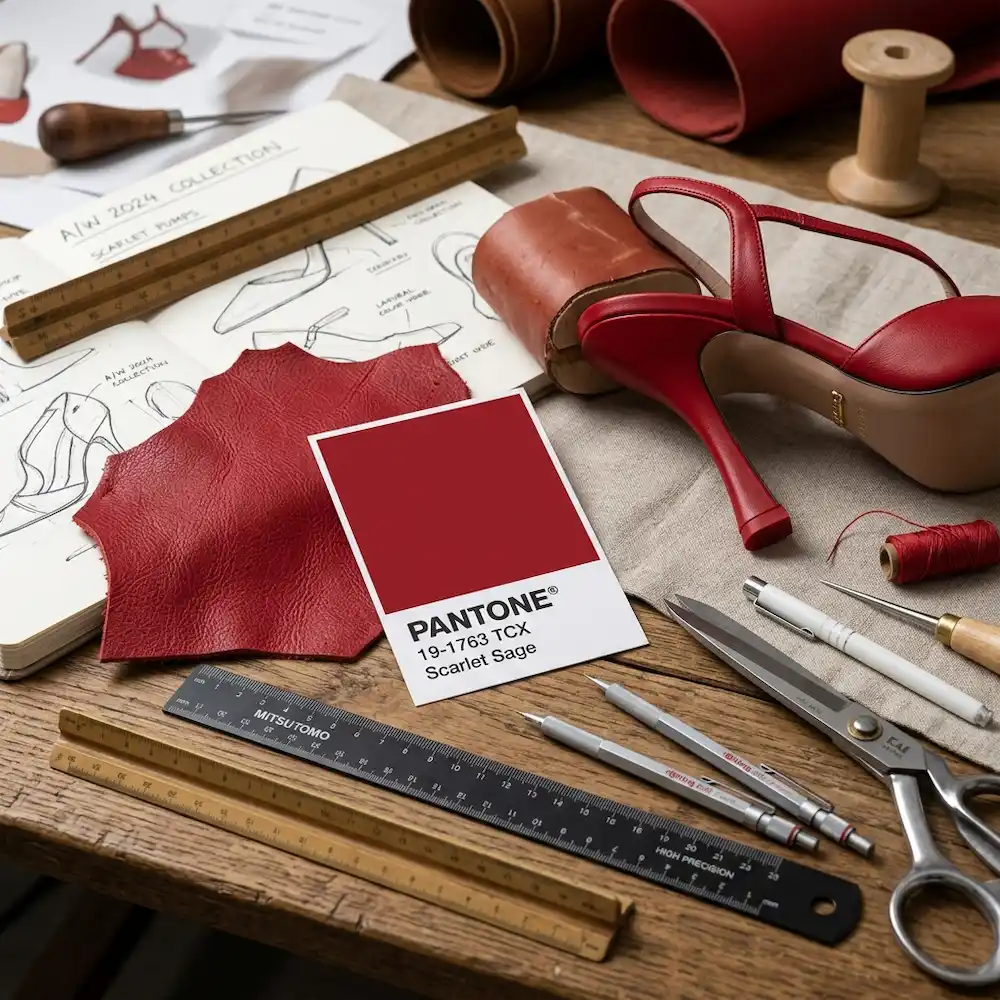 Nuancier de couleur Pantone rouge vif posé à côté d'échantillons de cuir de luxe sur une table de travail de styliste.